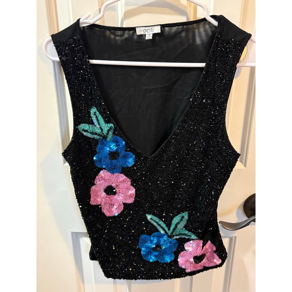 NWOT Vintage Cache Vintage Beaded sequin flower sleeveless top m - Picture 1 of 4